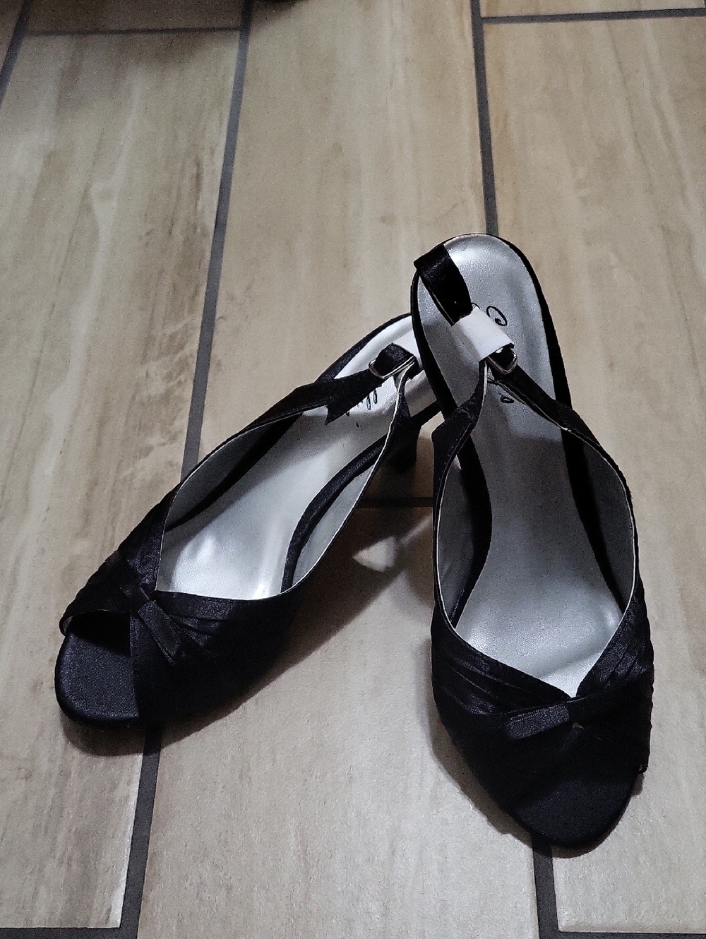Shully's Black Satin Peep-Toe Slingback Heels